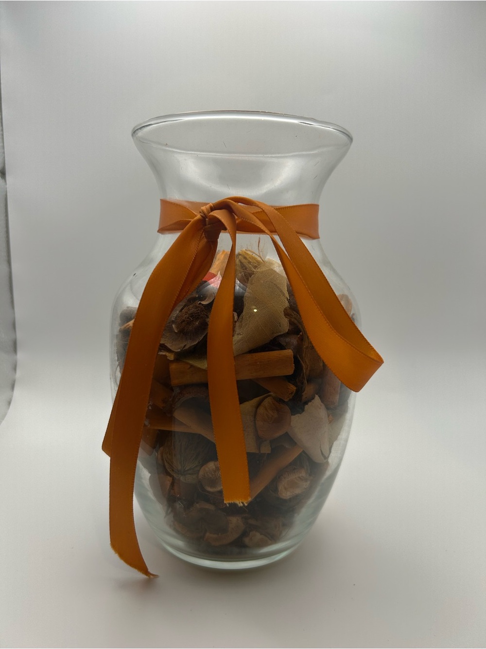 Fall Decorative Glass Vase with Orange Ribbon and Potpourri 7.5” Tall